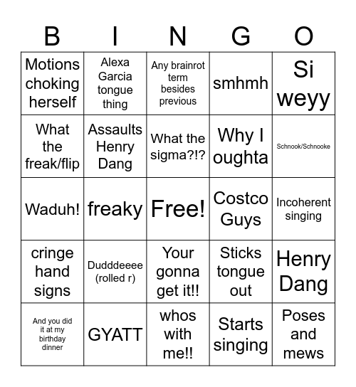 Afeen actions BINGO! Bingo Card
