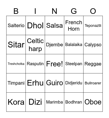 World Music Bingo Card