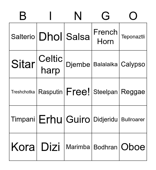 World Music Bingo Card