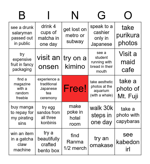 Japan 2024 Bingo Card