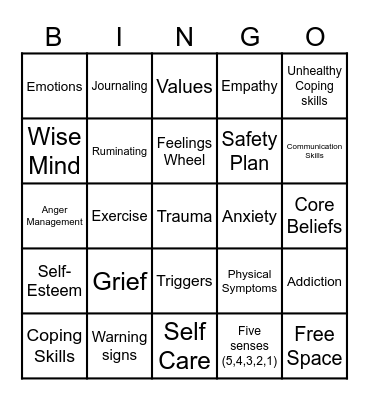 Mental Health Bingo Card