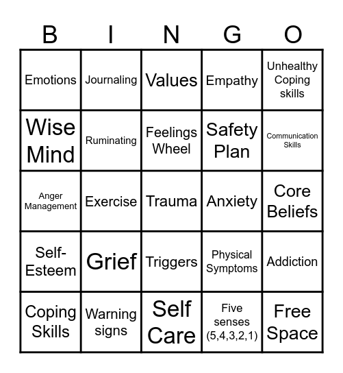 Mental Health Bingo Card