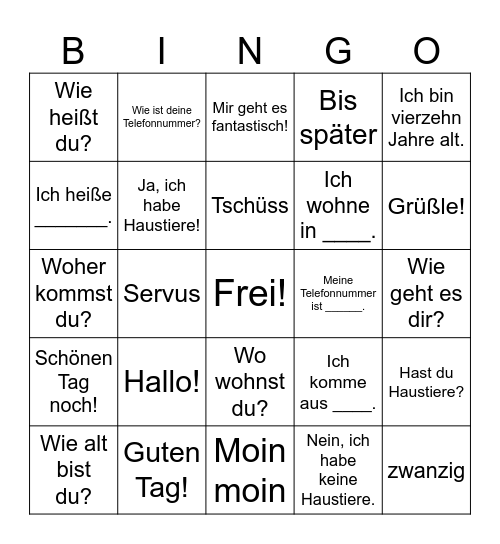 German 1 Greetings/Phrases Bingo Card