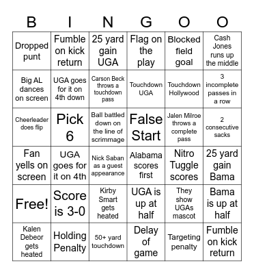 Alabama v. UGA Bingo Card