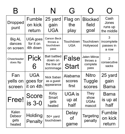 Alabama v. UGA Bingo Card