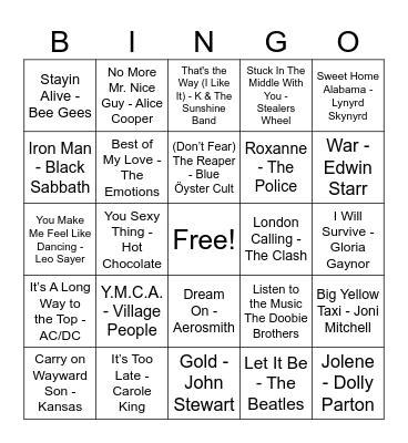 70's Hits! Bingo Card