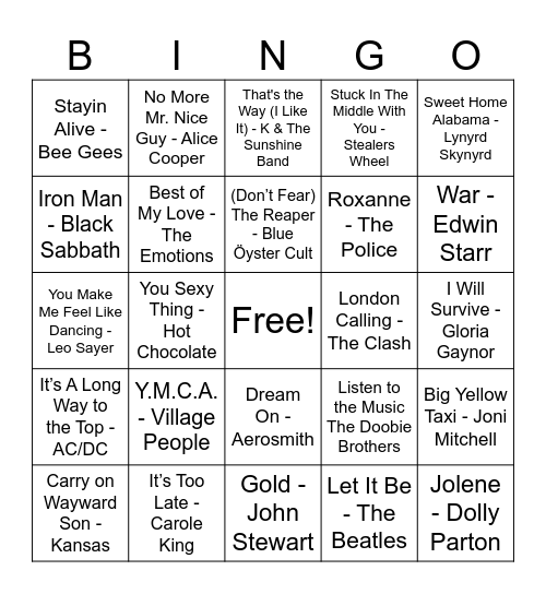 70's Hits! Bingo Card