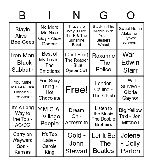70's Hits! Bingo Card