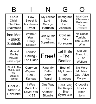 70's Hits! Bingo Card