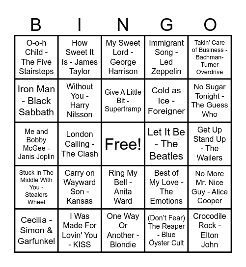 70's Hits! Bingo Card