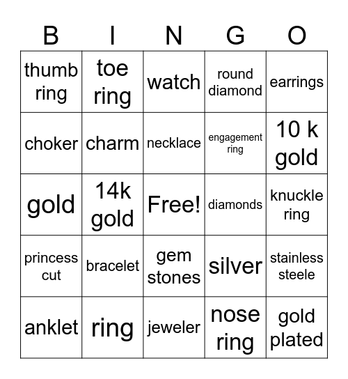 jewelry bingo Card