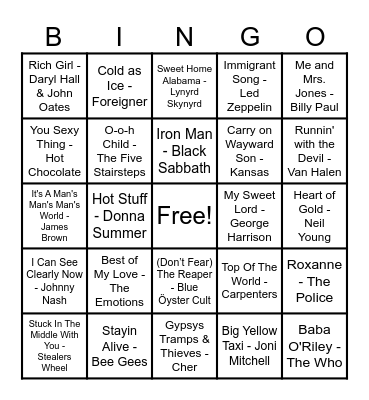 70's Hits! Bingo Card