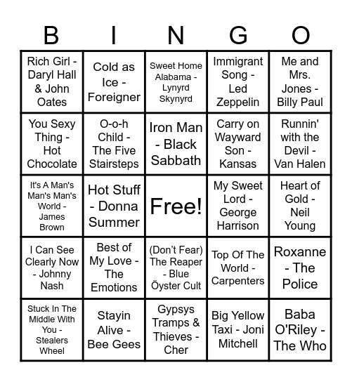 70's Hits! Bingo Card