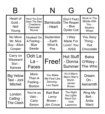 70's Hits! Bingo Card