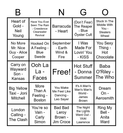 70's Hits! Bingo Card