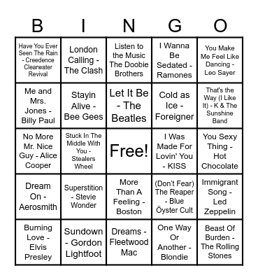 70's Hits! Bingo Card