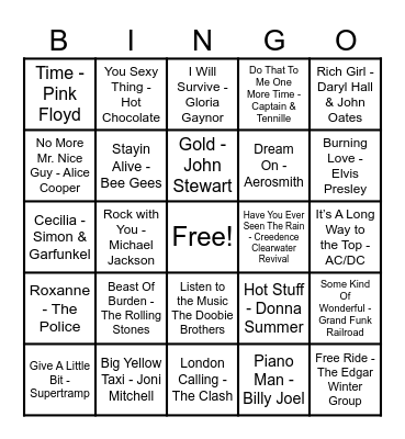 70's Hits! Bingo Card