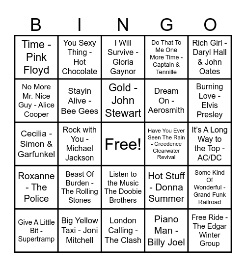 70's Hits! Bingo Card