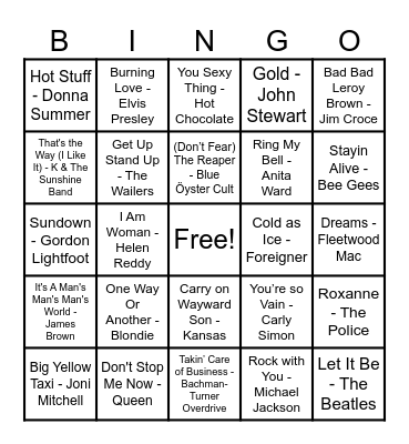 70's Hits! Bingo Card