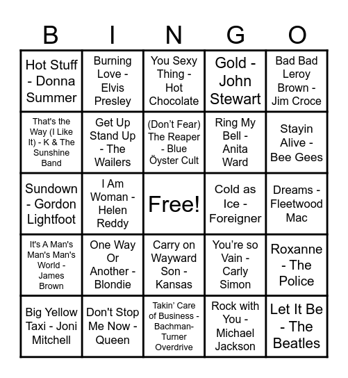 70's Hits! Bingo Card