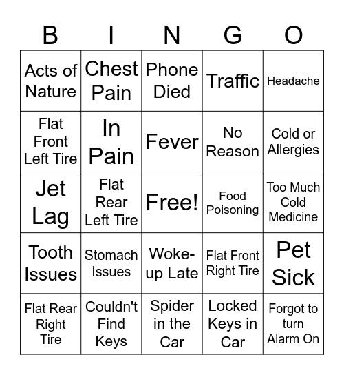 Why Taylor is Late / Out Bingo Card