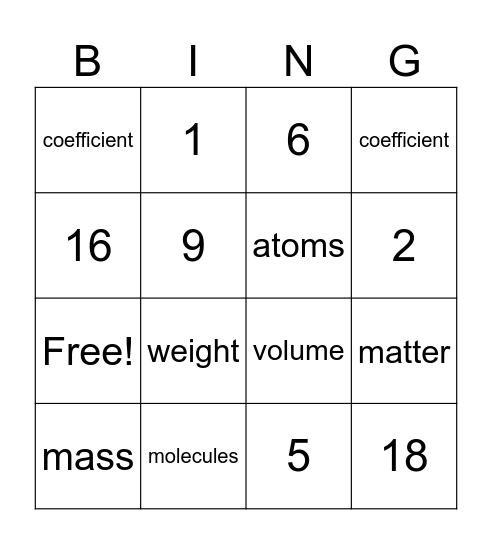 Matter Vocabulary Bingo Card