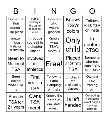 TSA Bingo Card