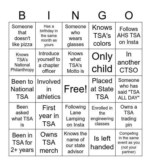 TSA Bingo Card