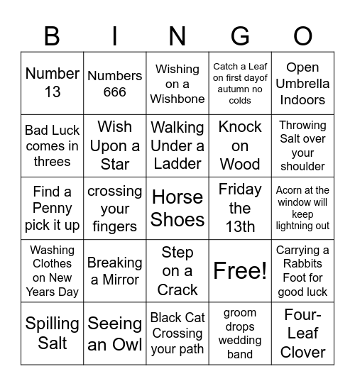 Superstitions Bingo Card