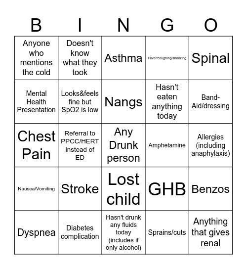 First Aider Bingo Card
