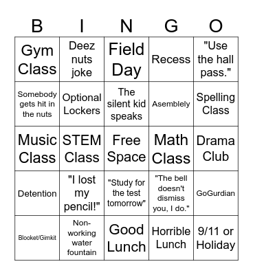 School Bingo Card