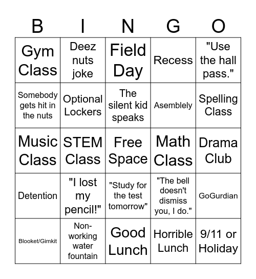 School Bingo Card