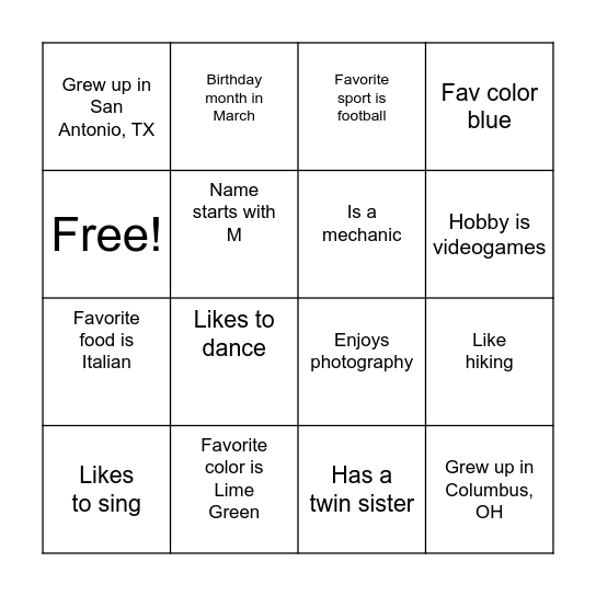 Team Bonding Bingo Card