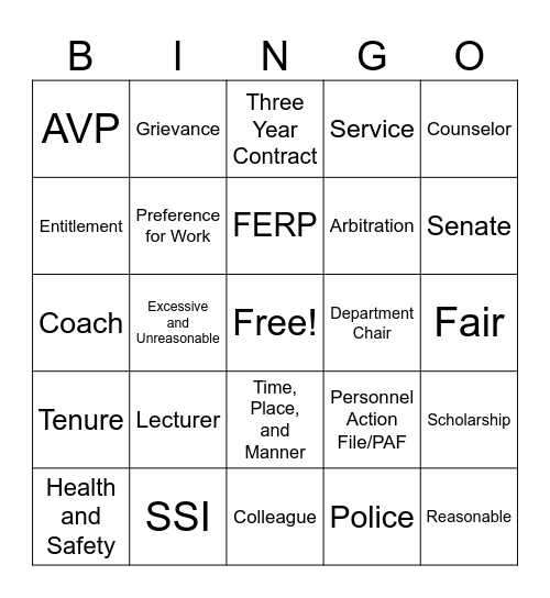 Faculty Rights Bingo Card