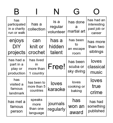 Getting to Know You Bingo Card