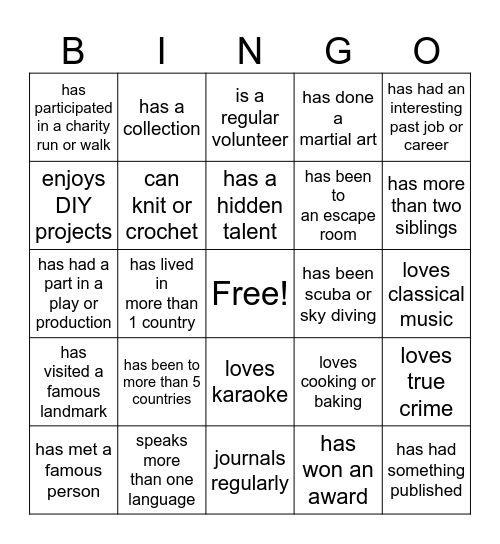 Getting to Know You Bingo Card