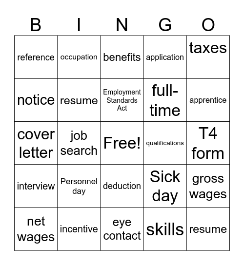 Employment Vocabulary Bingo Card