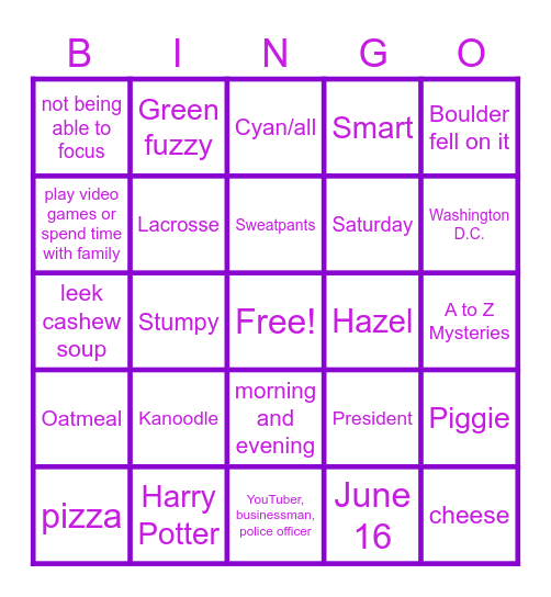 Clare's Birthday Bingo Card