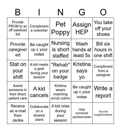 Rehab Week Bingo Card