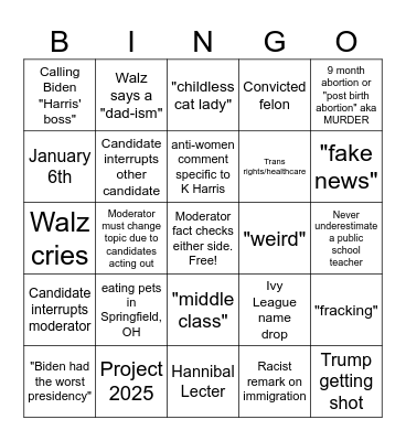 Vice Presidential Debate Bingo Card