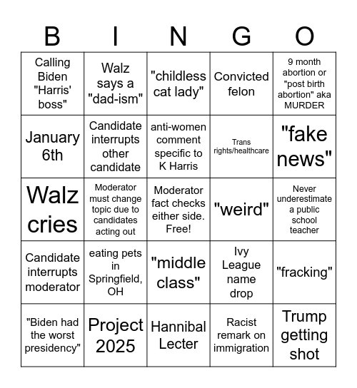 Vice Presidential Debate Bingo Card