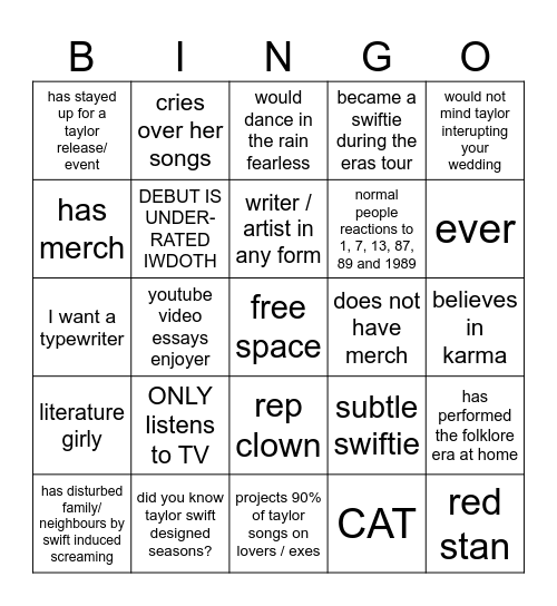 Taylor Swift Bingo Card