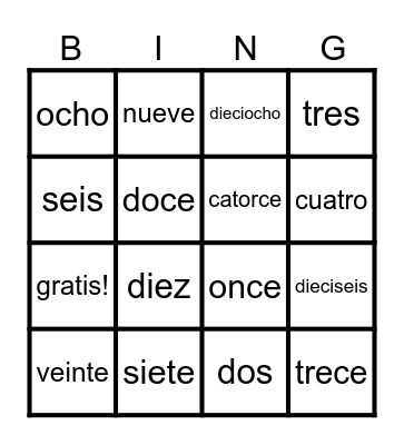 Numeros Bingo Card