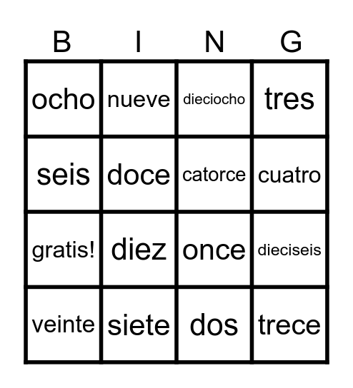 Numeros Bingo Card