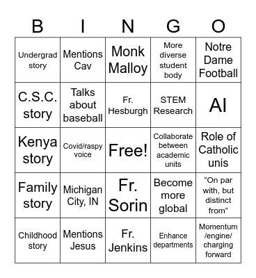 Fr. Bob’s Inaugural Address Bingo Card