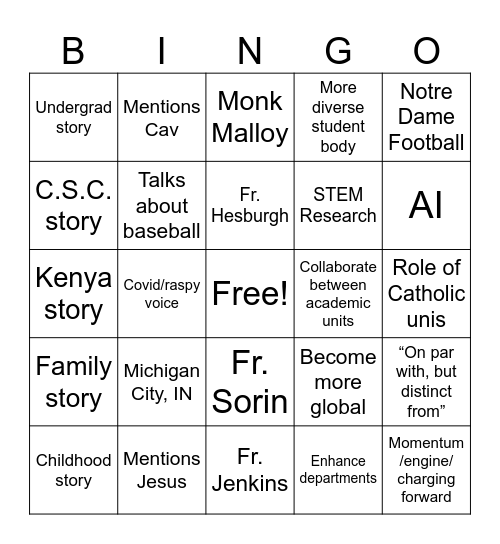 Fr. Bob’s Inaugural Address Bingo Card
