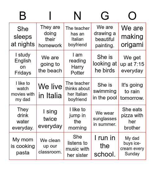 ENGLISH BINGO Card