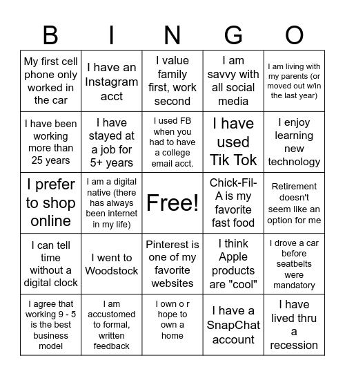 Multigenerational Bingo Card