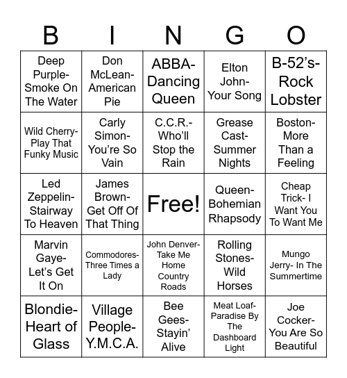 70's Music Bingo Card