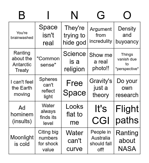 Flat Earth debate bingo card Bingo Card